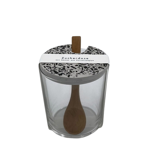 Objet Vague Terrazzo Zuckerdose Glas mit Holzlöffel / weiß